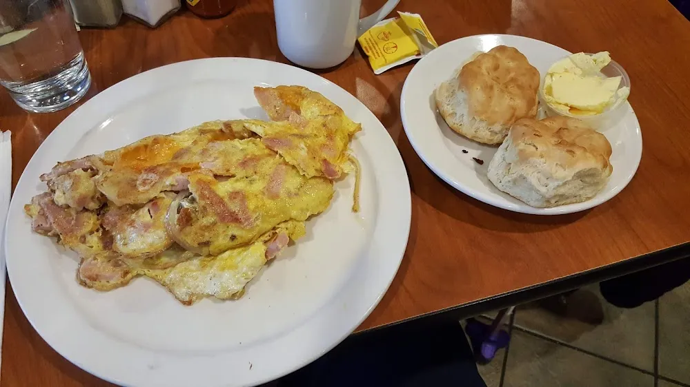 Ham Potatoes Onion Cheese Omelette w Biscuits