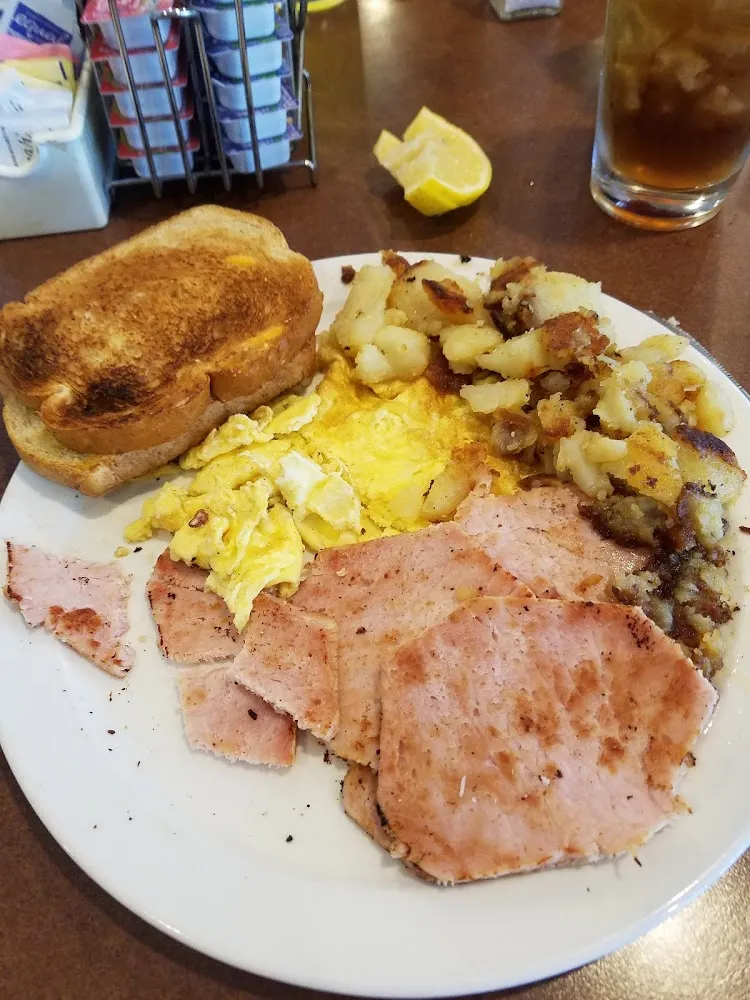 Thin Sliced Ham Scrambled Eggs Home Fries & Toast